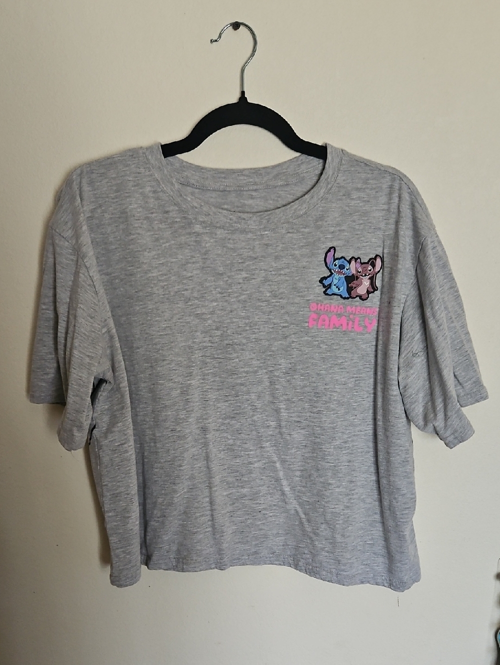 Disney Gray Short Sleeve Tee with Pink 'Family' & Stitch Characters